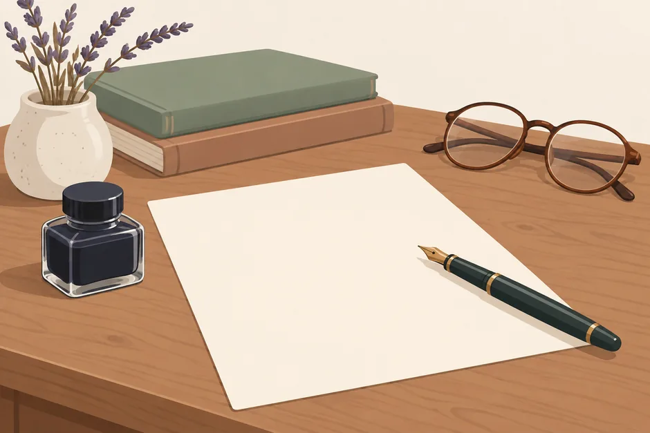 A fountain pen resting on a sheet of blank paper beside an ink bottle on a writing desk