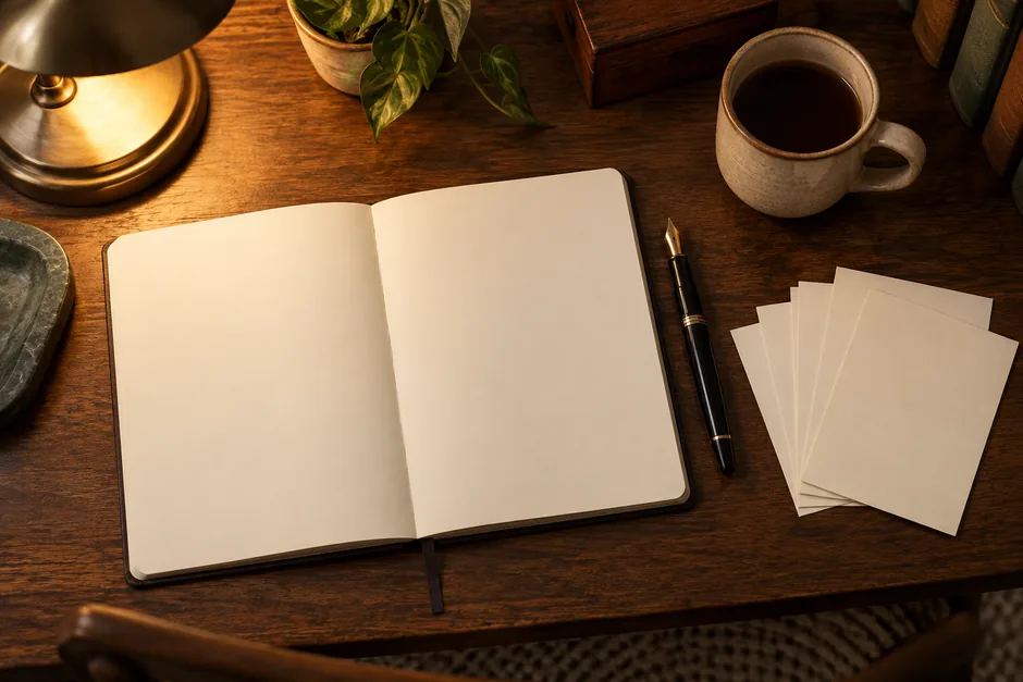 An open notebook with blank pages, a fountain pen and a fan of plain blank cards on a writing desk in lamplight